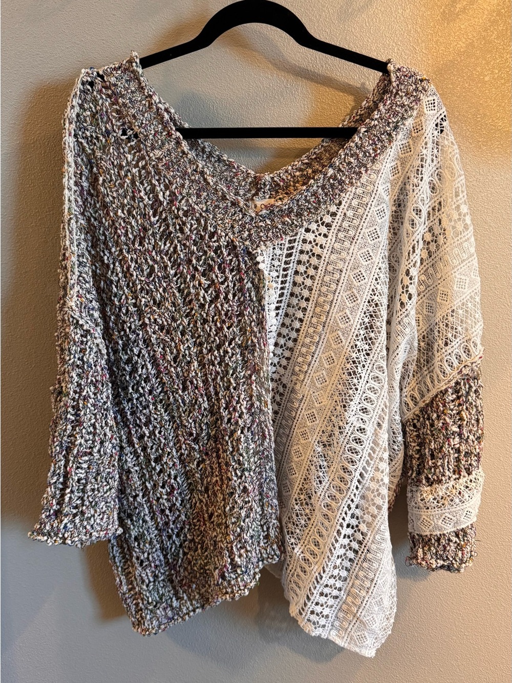 POL Multicolor Knit & White Lace Off-Shoulder Sweater